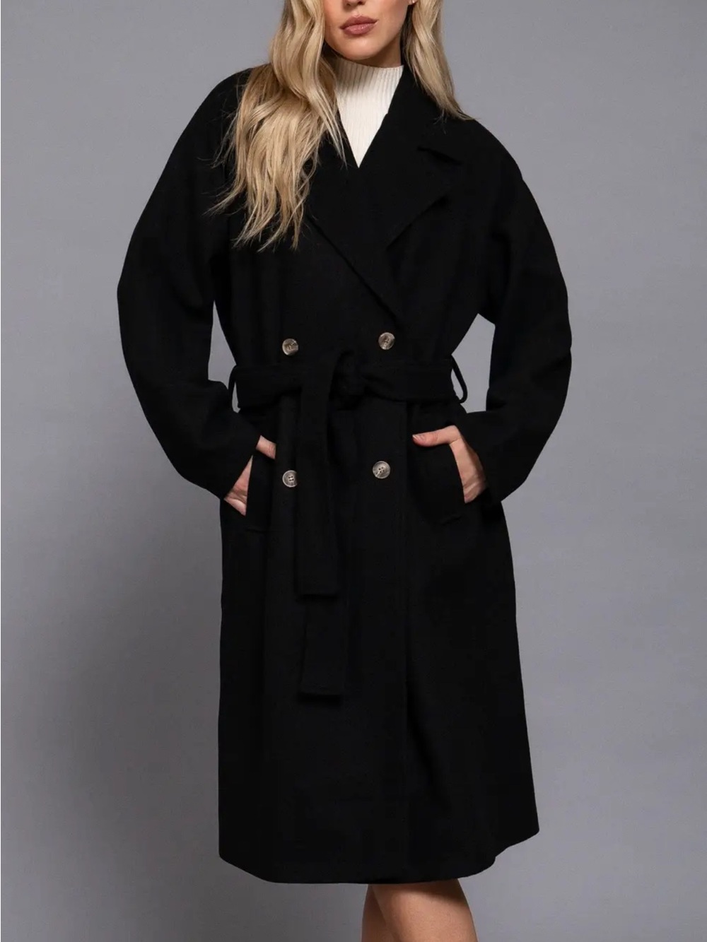 Active USA Black Double-Breasted Belted Trench Coat
